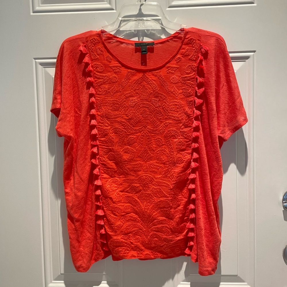 J. Crew Linen Coral Tassels Embroidered Boho Short Sleeve Top Size Oversized XS